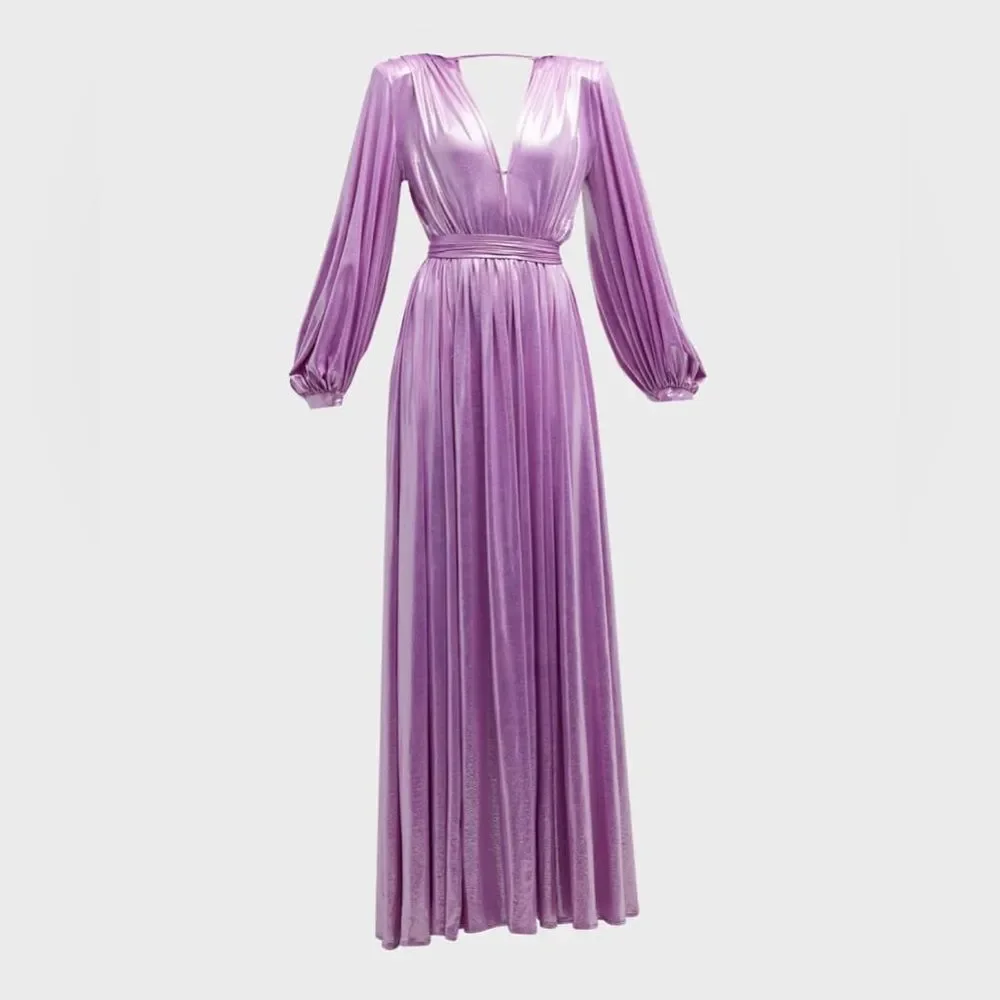 NWOT BRONX AND BANCO Zoe Metallic Blouson-Sleeve Elegant Purple Evening Gown - Picture 4 of 13